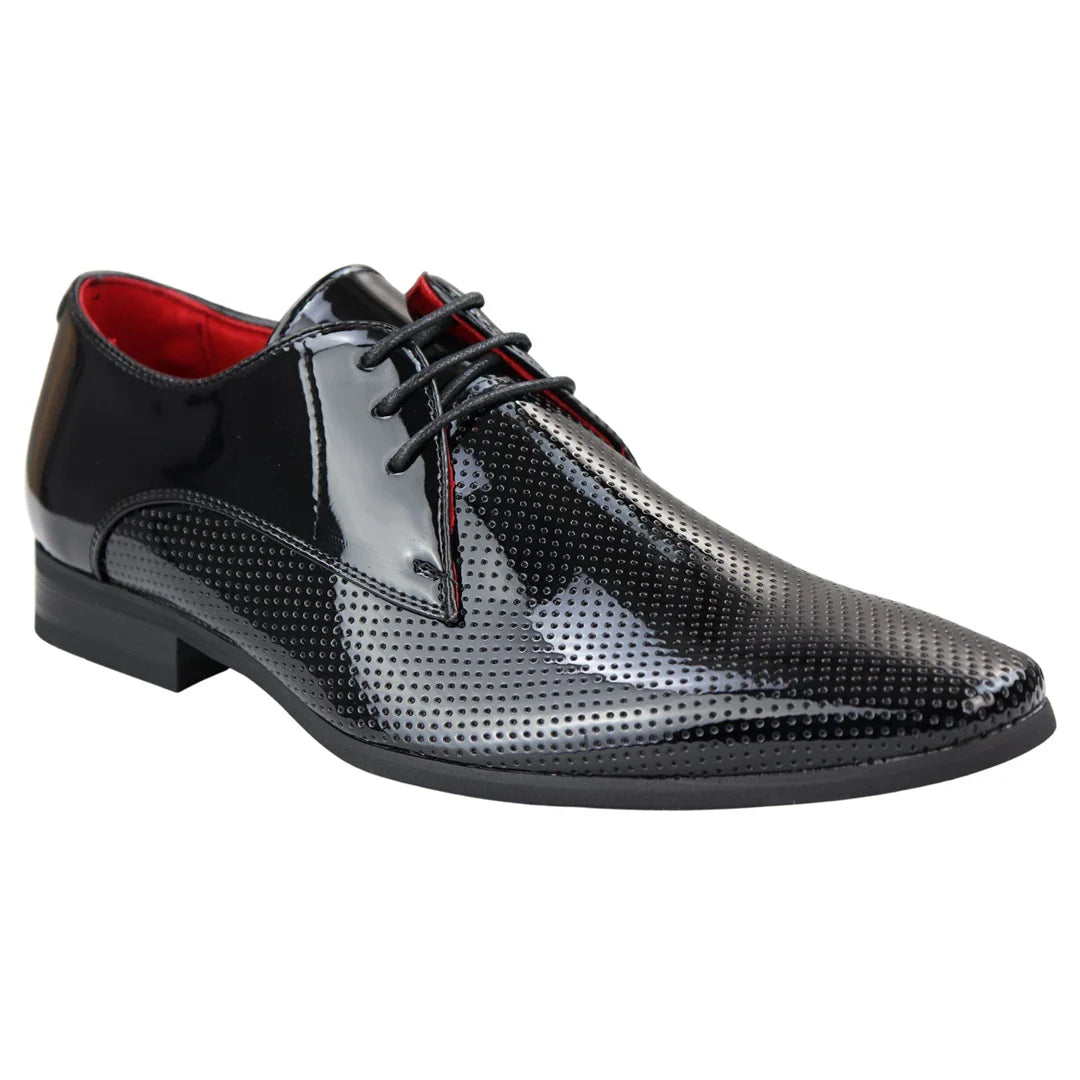 Mens Shoes Smart Formal Perforated Pointed Laced Black Patent Leather PU