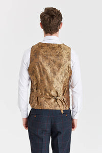 Madrid marineblauw pak met contrasterend Harris Brown tweed vest.