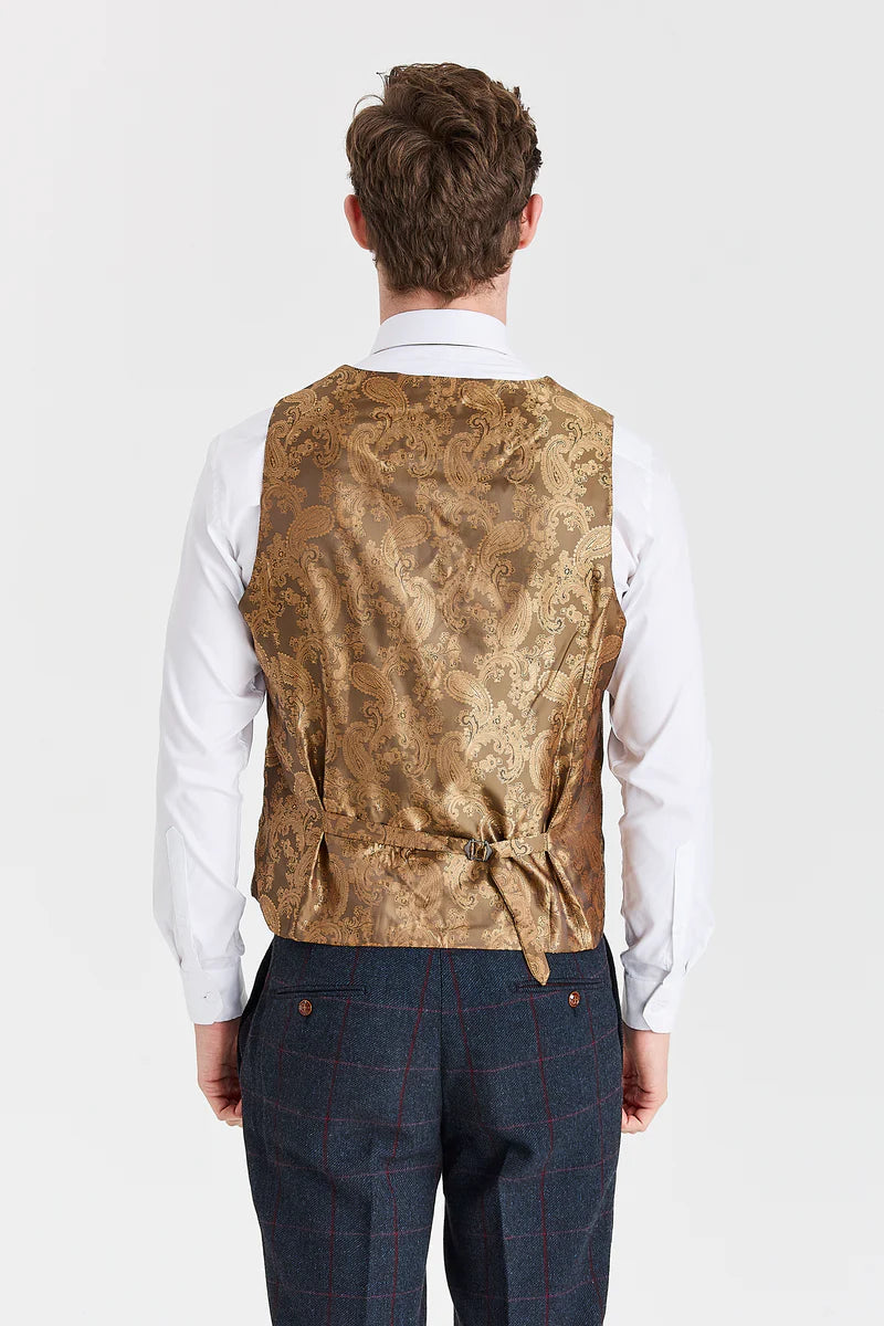 Madrid marineblauw pak met contrasterend Harris Brown tweed vest.