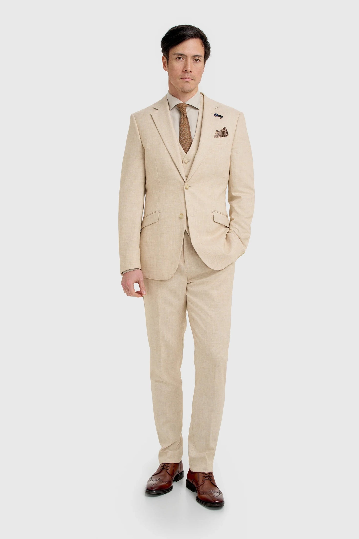 Malibu - Beige driedelig pak met textuur voor heren