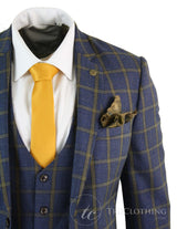 Marc Darcy SBC Roman - Mens 3 Piece Blue Gold Slim Fit Prince Of Wales Check Suit Marc Darcy Wedding Prom