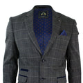 Heren grijs geruit visgraat tweed vintage fit blazerjasje blauw fluwelen rand - grijs