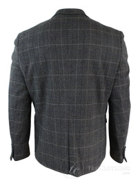 Mens Grey Check Herringbone Tweed Vintage Fit Blazer Jacket Blue Velvet Trim-Grey