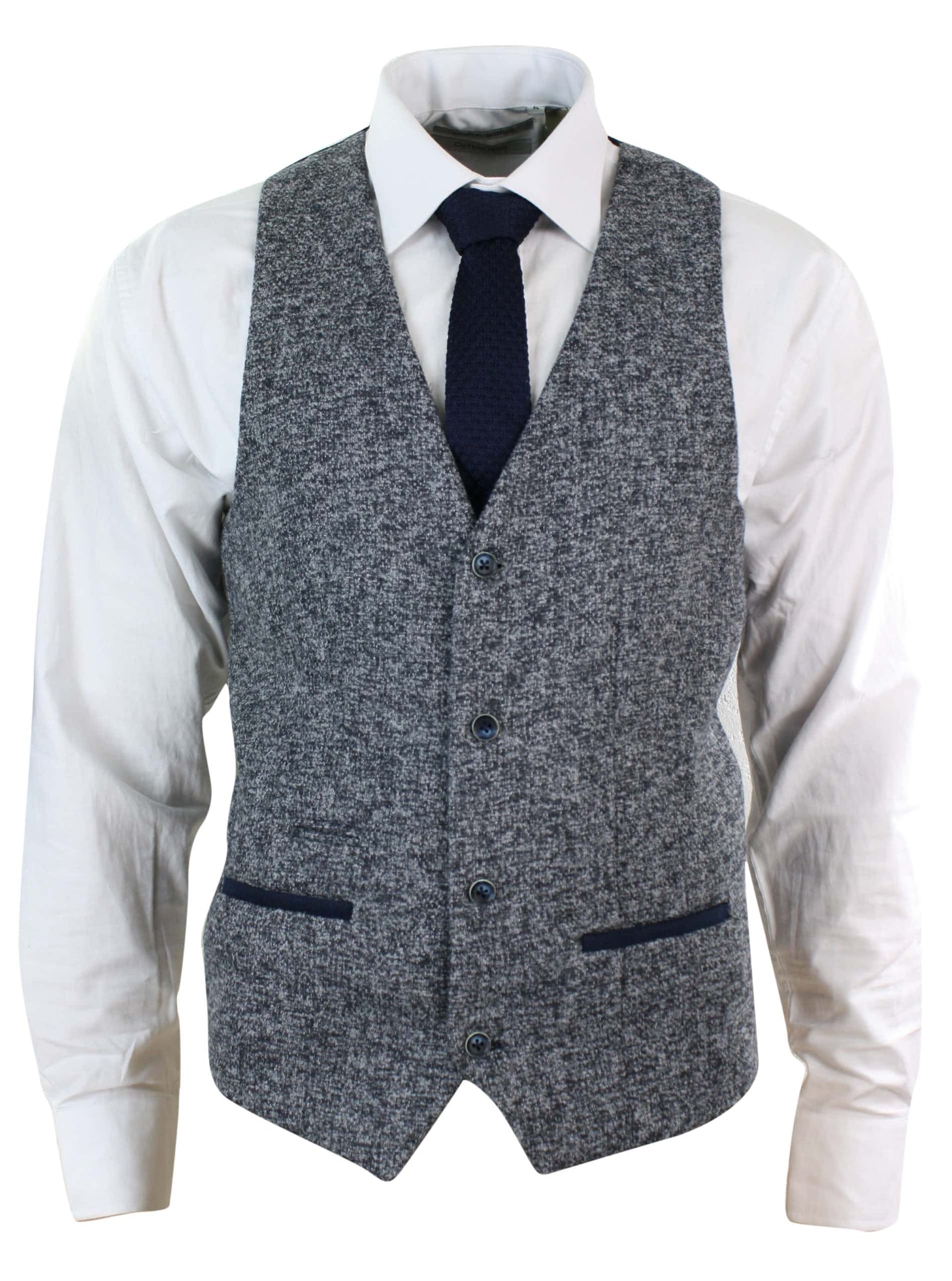 Mens Grey Blue Herringbone Tweed Slim Fit Chunky Waistcoat Blazer Smart Casual