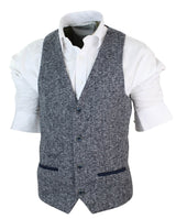 Mens Grey Blue Herringbone Tweed Slim Fit Chunky Waistcoat Blazer Smart Casual