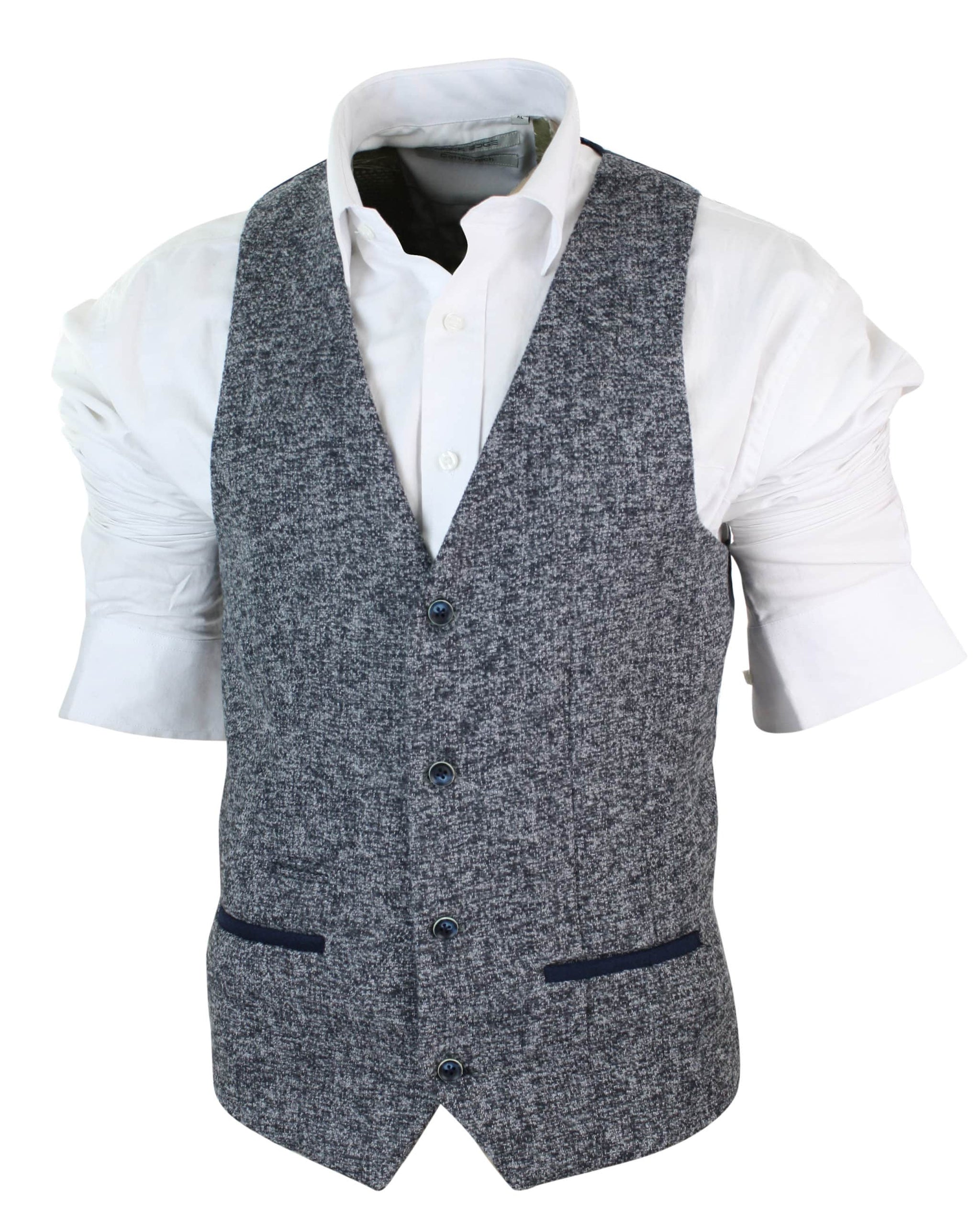 Mens Grey Blue Herringbone Tweed Slim Fit Chunky Waistcoat Blazer Smart Casual