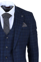 Marcos - Heren marineblauw geruit slim fit 3-delig pak