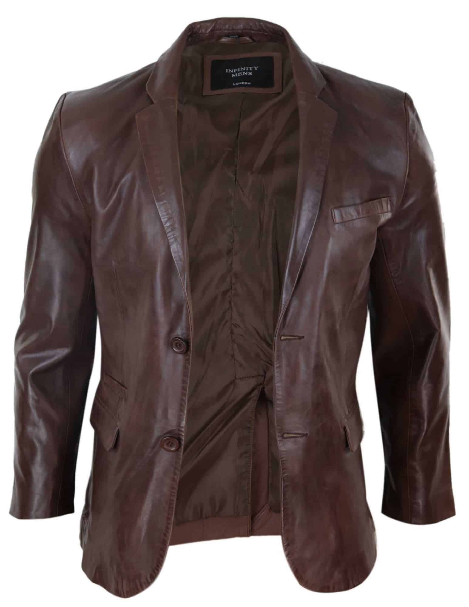 Mens Slim Fit Brown Leather Blazer