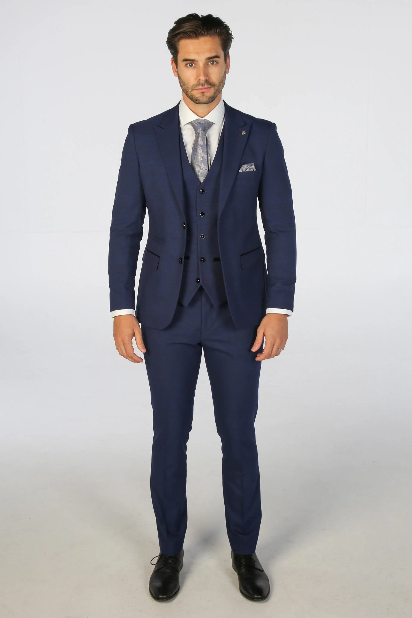 Mark - Men's Navy Blue 3 Piece Checked Tailored Fit Suit