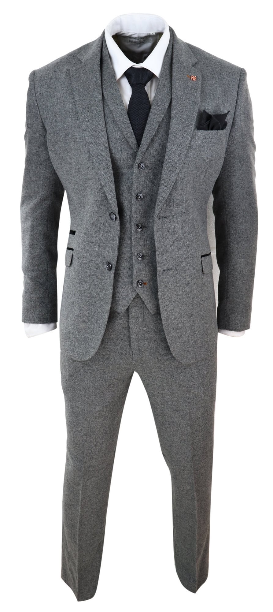 Mens Dark Grey Herringbone Tweed 3 Piece Suit