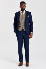 Mayfair marineblauw pak met textuur en contrasterend vest van Harris Brown Tweed.