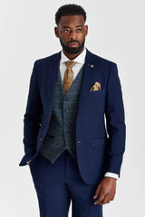 Mayfair marineblauw pak met textuur en Harris marineblauw contrasterend tweed vest.