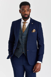 Mayfair marineblauw pak met textuur en Harris marineblauw contrasterend tweed vest.