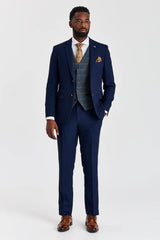 Mayfair marineblauw pak met textuur en Harris marineblauw contrasterend tweed vest.