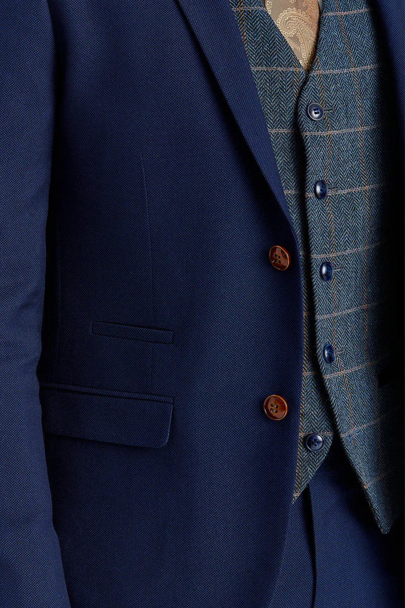 Mayfair marineblauw pak met textuur en Harris marineblauw contrasterend tweed vest.