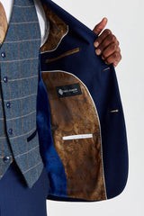 Mayfair marineblauw pak met textuur en Harris marineblauw contrasterend tweed vest.