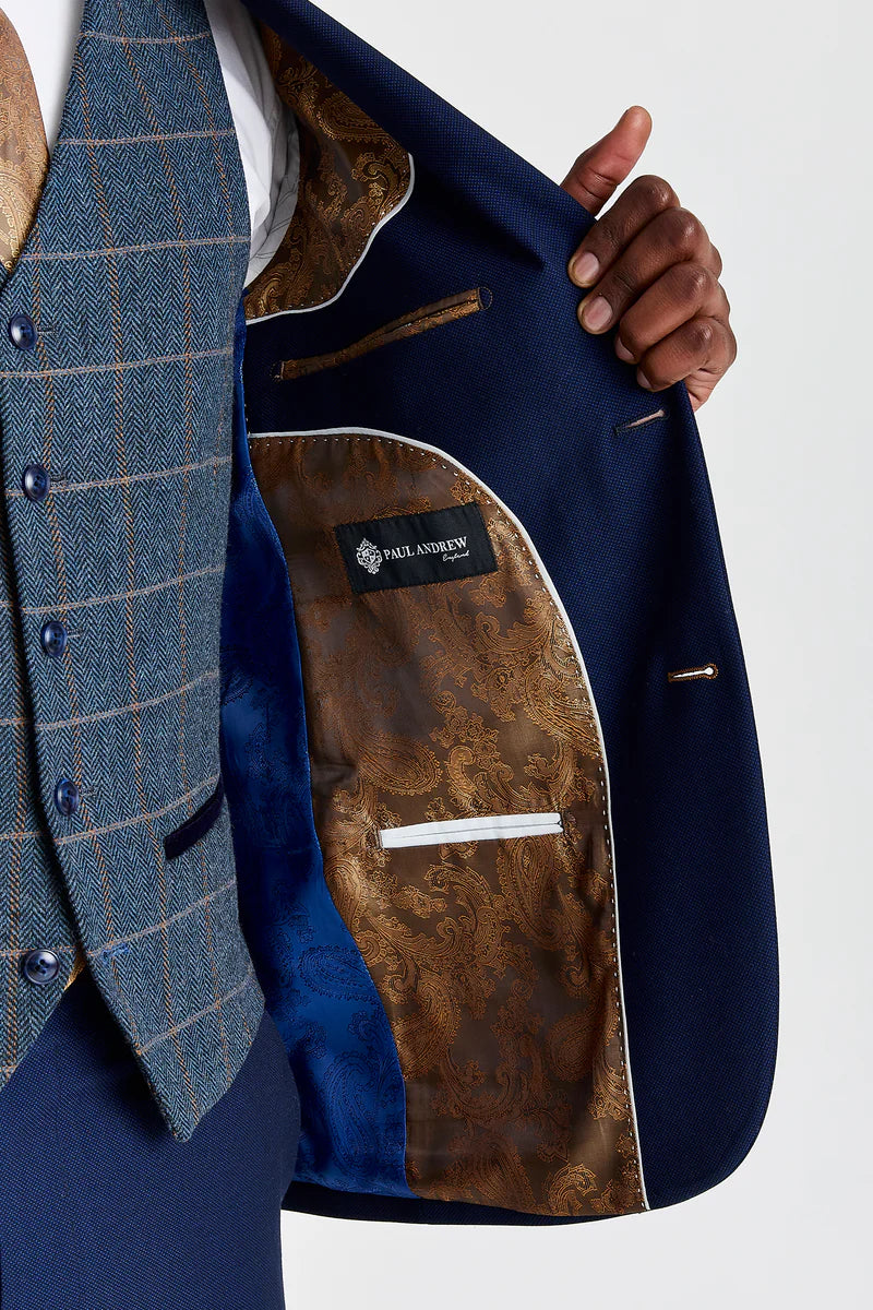 Mayfair marineblauw pak met textuur en Harris marineblauw contrasterend tweed vest.