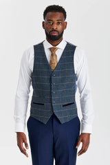 Mayfair marineblauw pak met textuur en Harris marineblauw contrasterend tweed vest.