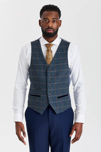 Mayfair marineblauw pak met textuur en Harris marineblauw contrasterend tweed vest.