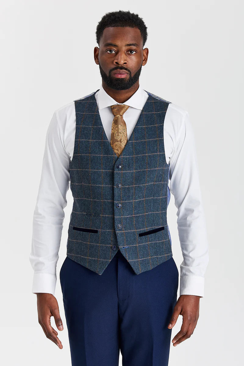 Mayfair marineblauw pak met textuur en Harris marineblauw contrasterend tweed vest.
