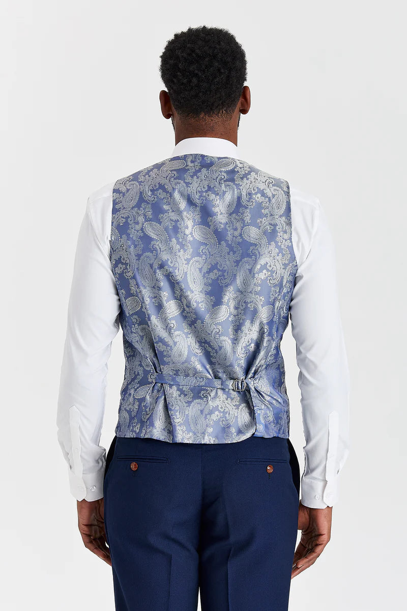 Mayfair marineblauw pak met textuur en Harris marineblauw contrasterend tweed vest.