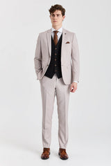 Mayfair pak met steenstructuur en contrasterend zwart vest.