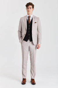 Mayfair pak met steenstructuur en contrasterend zwart vest.