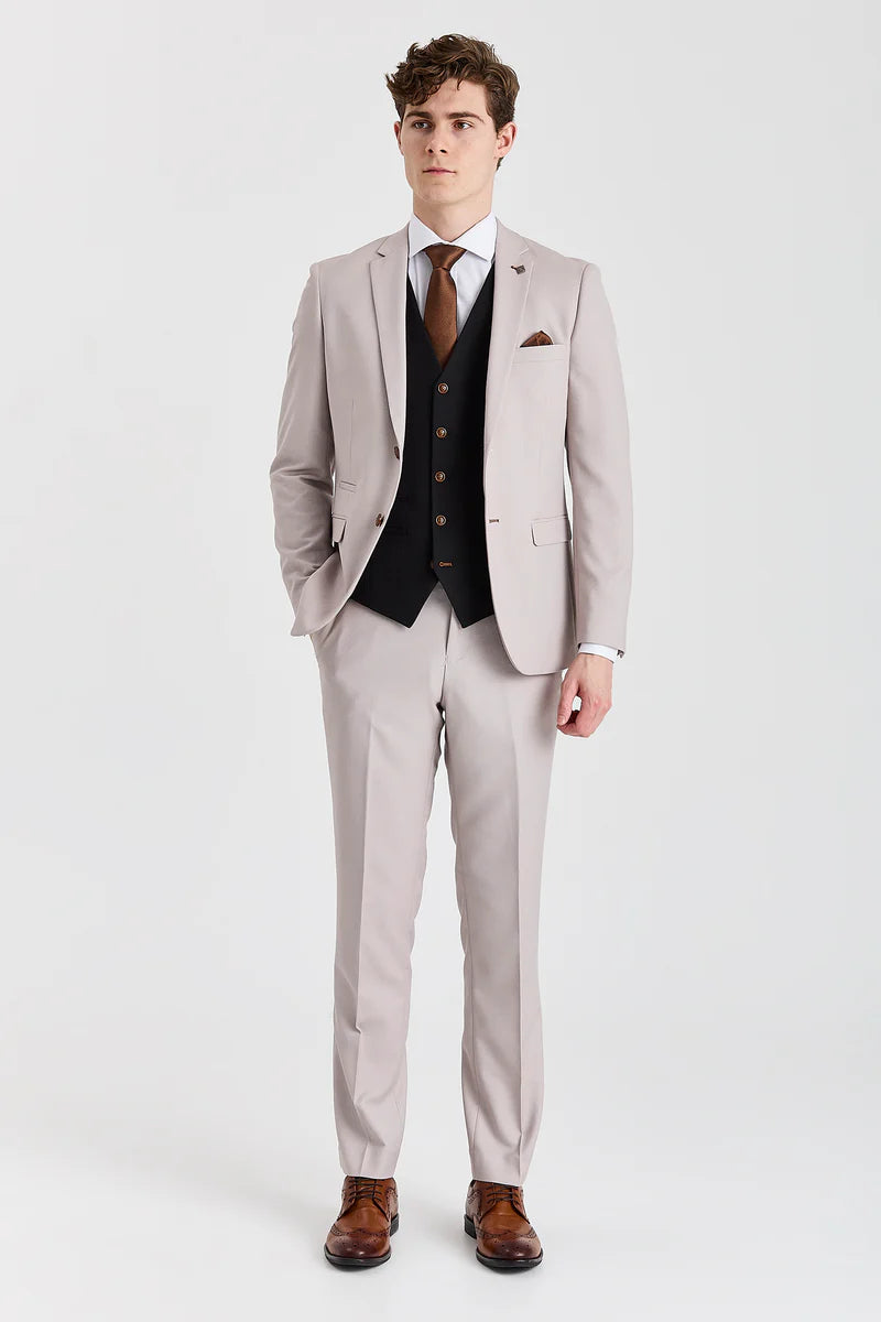 Mayfair pak met steenstructuur en contrasterend zwart vest.