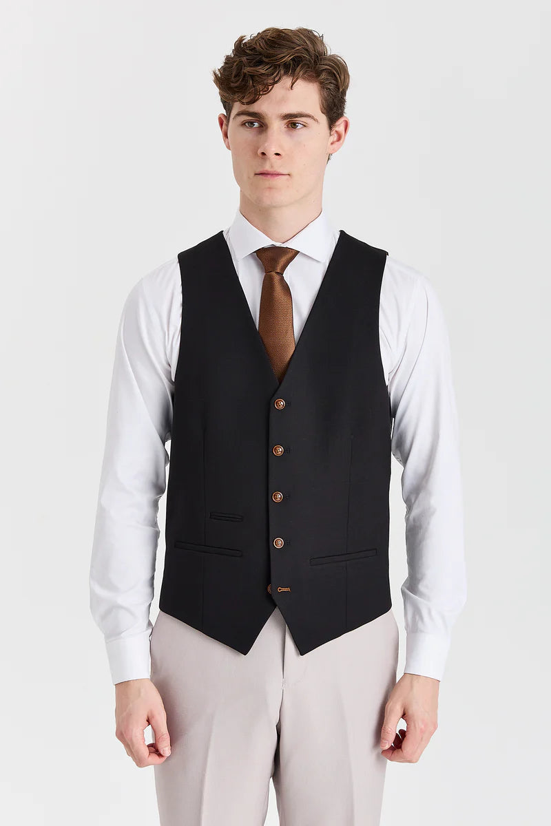 Mayfair pak met steenstructuur en contrasterend zwart vest.