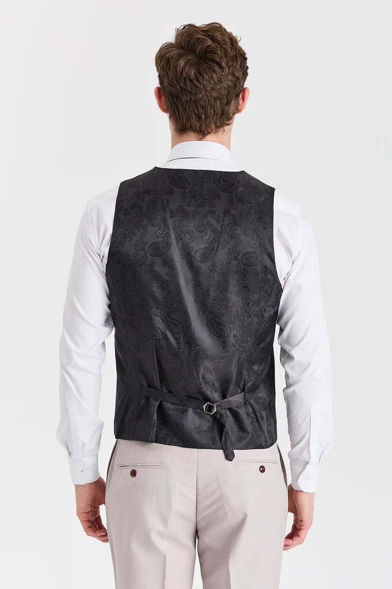 Mayfair pak met steenstructuur en contrasterend zwart vest.