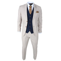Mayfair - Men's 3 Piece Cream Suit With Navy Waistcoat