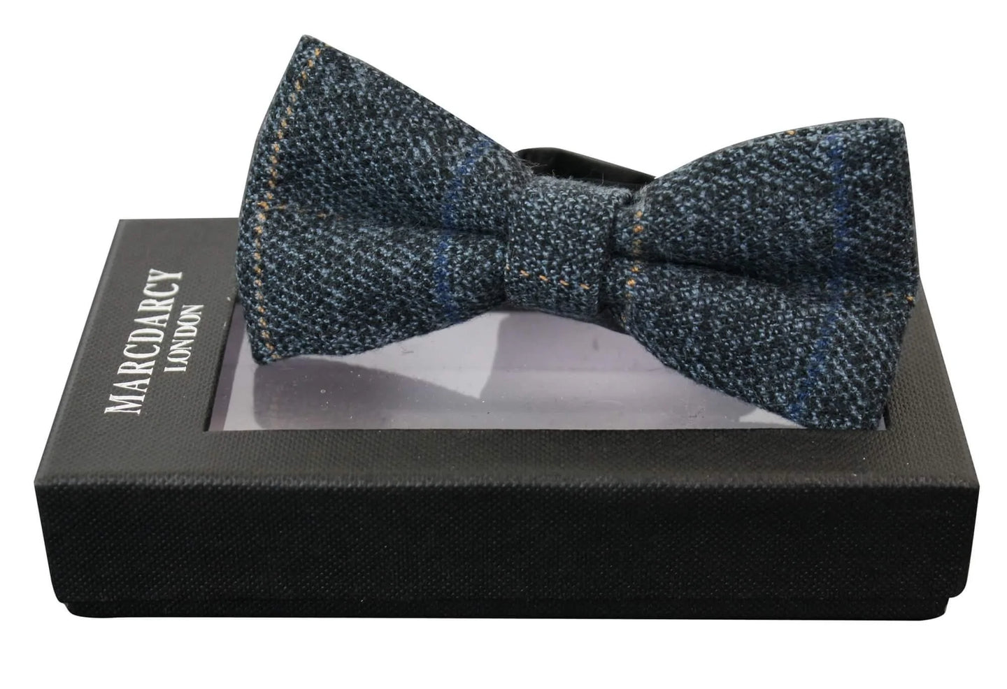 Mens Tweed Blue Herringbone Textured Marc Darcy Bow Ties Vintage Retro