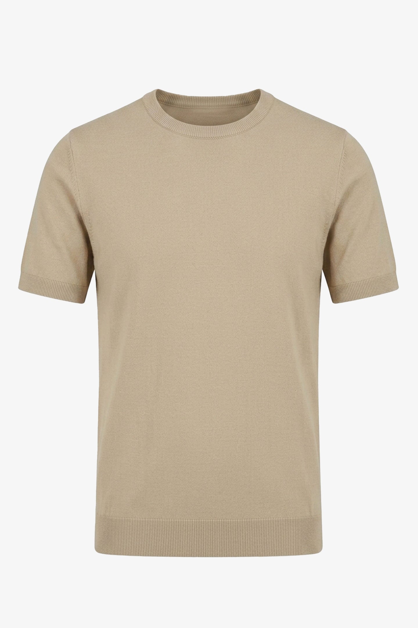 Beige gebreid T-shirt voor heren, normale pasvorm, ronde hals, korte mouwen.