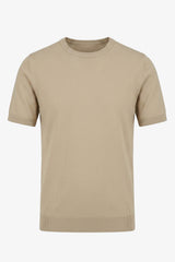 Beige gebreid T-shirt voor heren, normale pasvorm, ronde hals, korte mouwen.