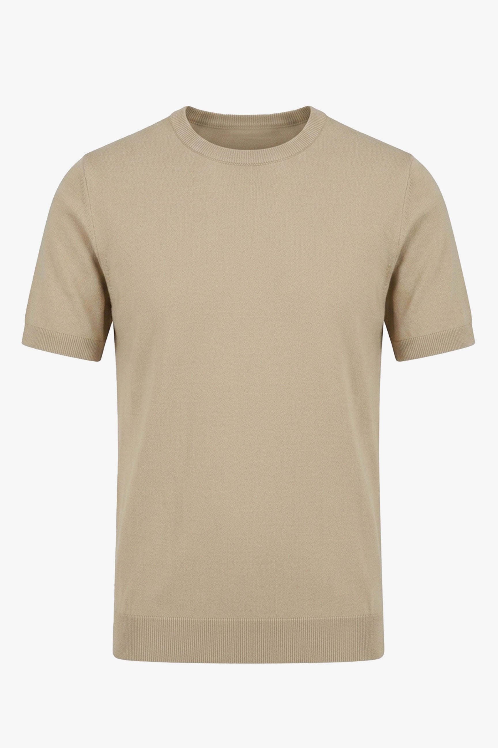 Beige gebreid T-shirt voor heren, normale pasvorm, ronde hals, korte mouwen.