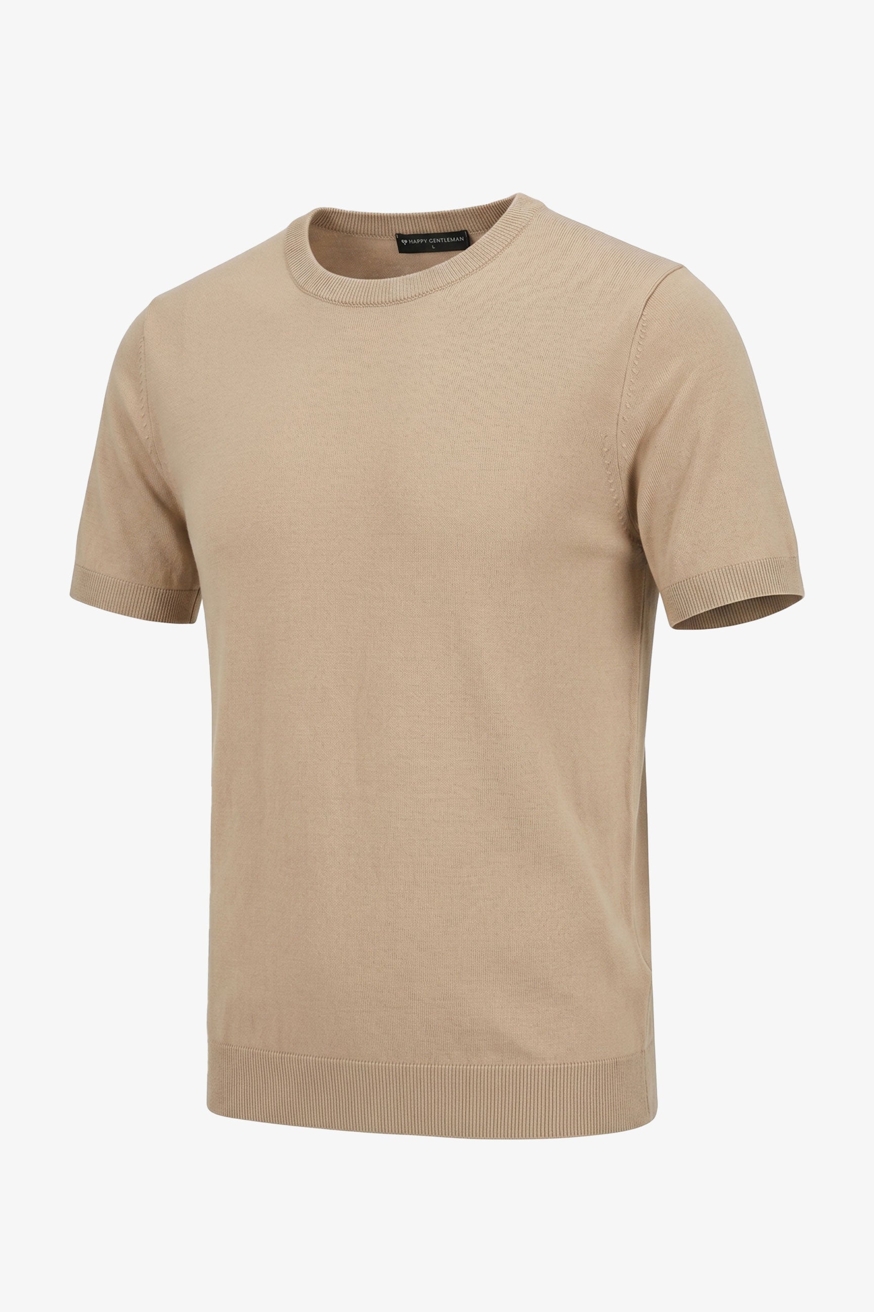 Beige gebreid T-shirt voor heren, normale pasvorm, ronde hals, korte mouwen.