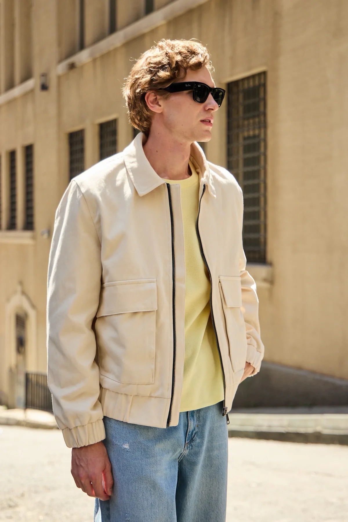 Beige lichtgewicht utility bomberjack met ritssluiting voor heren