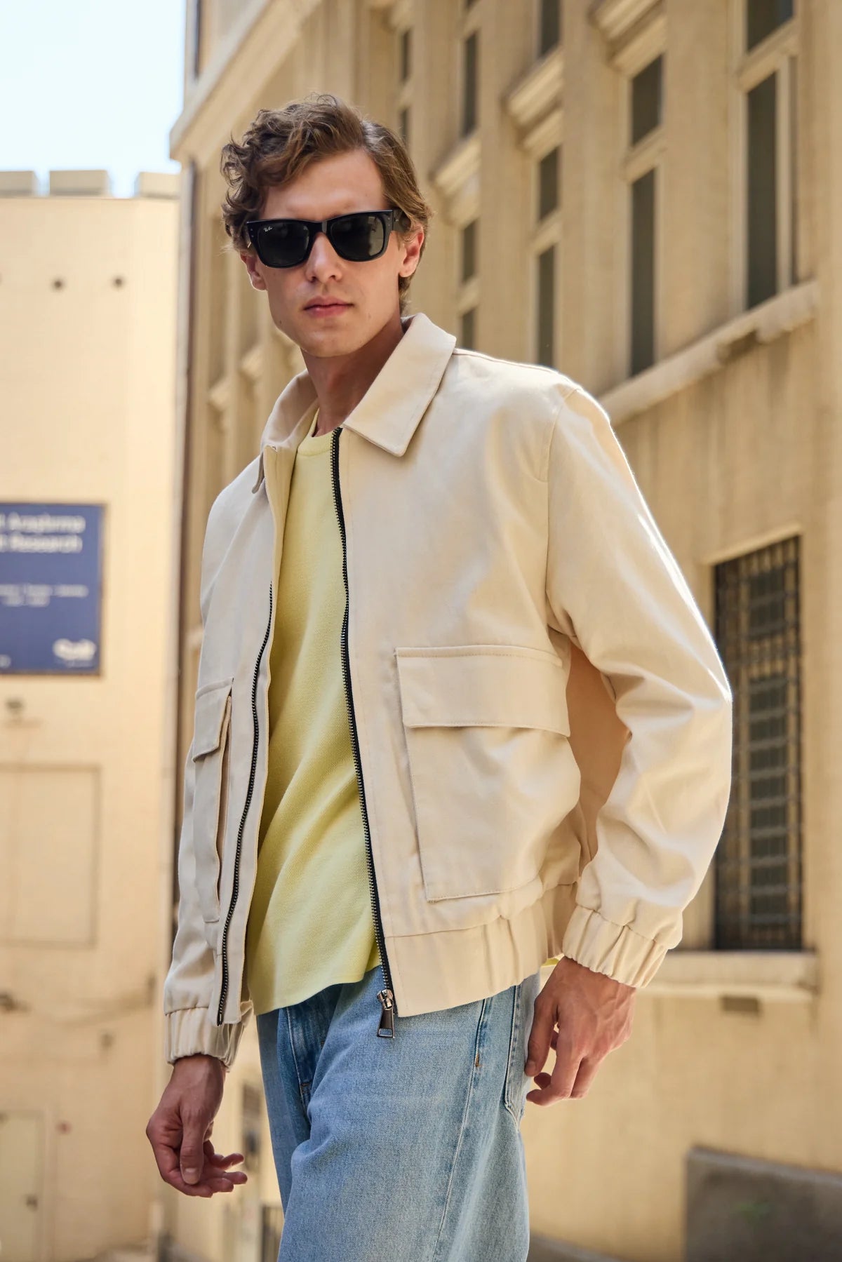 Beige lichtgewicht utility bomberjack met ritssluiting voor heren
