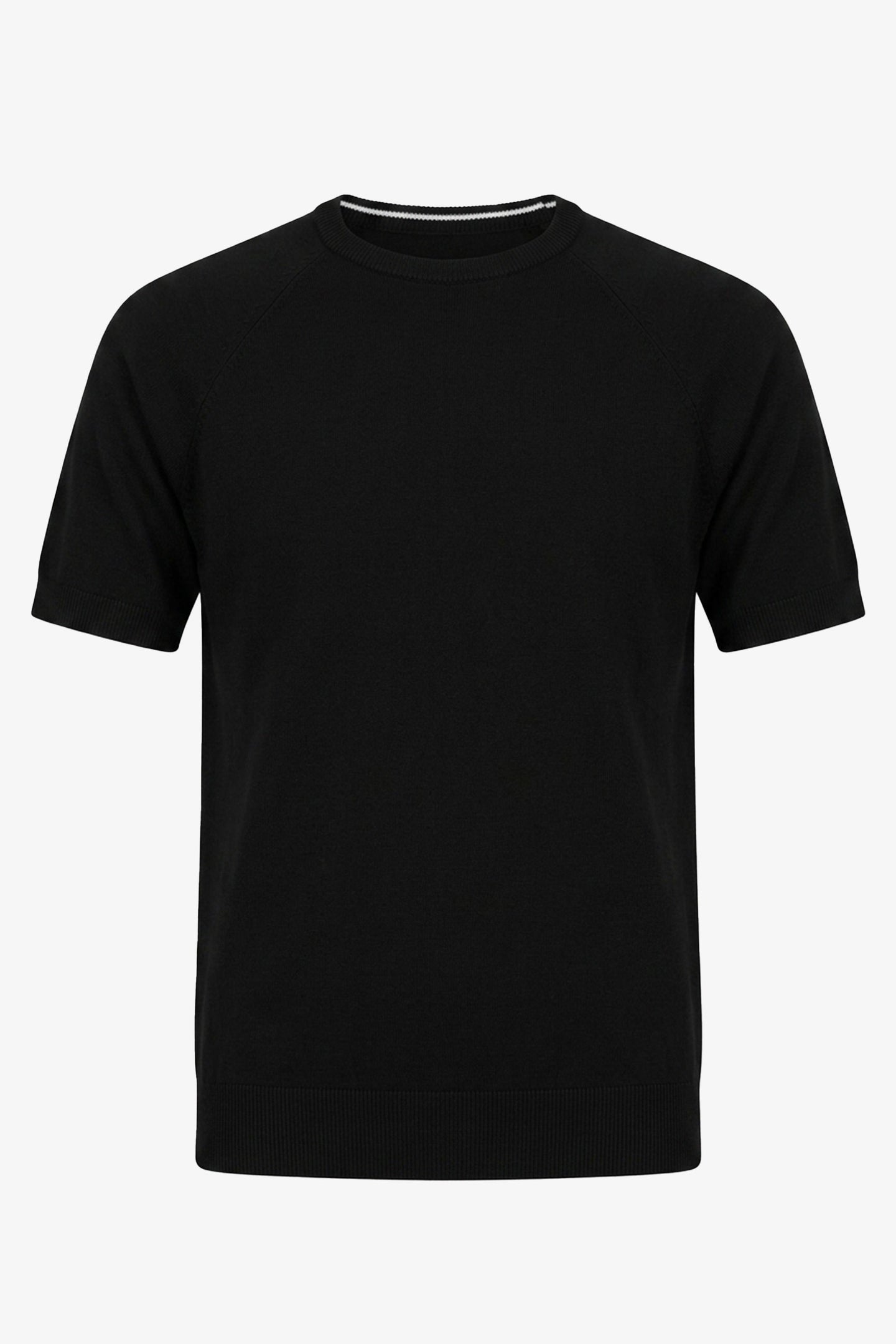 Klassiek zwart gebreid T-shirt voor heren met korte mouwen en ronde hals.
