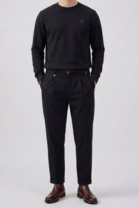 Heren sweatshirt met ronde hals, lange mouwen, stretchstof, zwarte katoenmix.