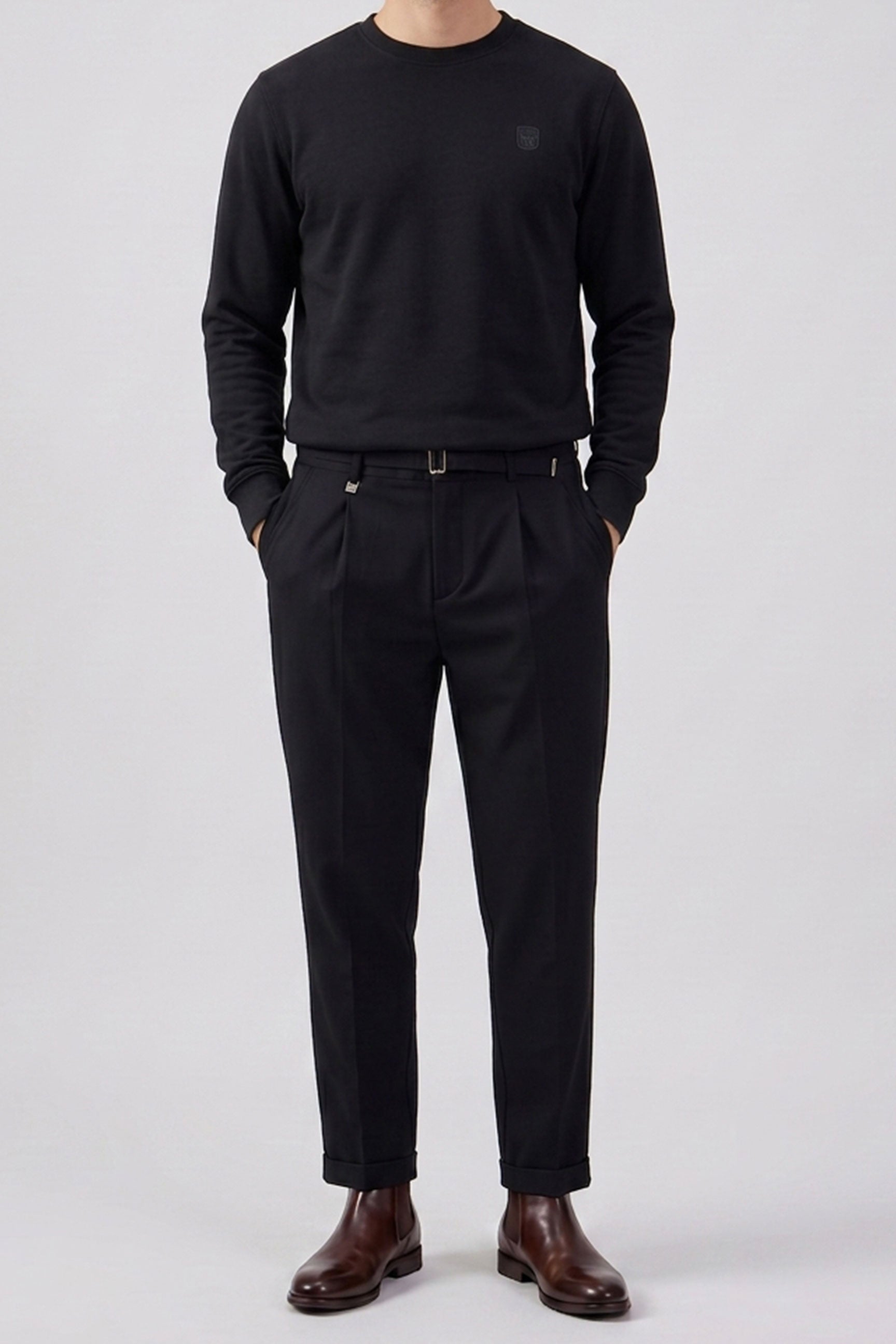 Heren sweatshirt met ronde hals, lange mouwen, stretchstof, zwarte katoenmix.