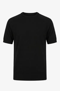 Zwart gebreid T-shirt voor heren, normale pasvorm, ronde hals, korte mouwen.