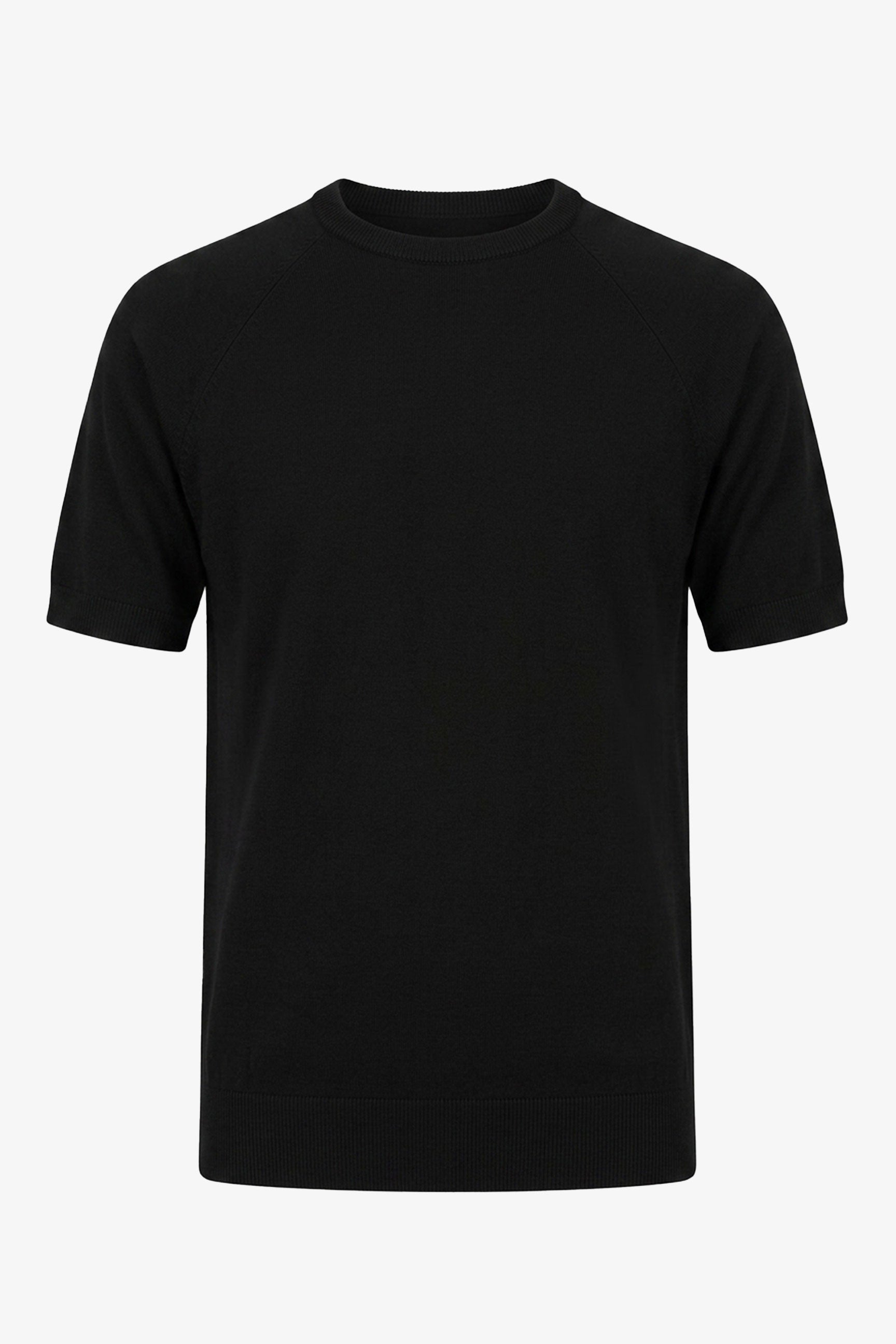 Zwart gebreid T-shirt voor heren, normale pasvorm, ronde hals, korte mouwen.