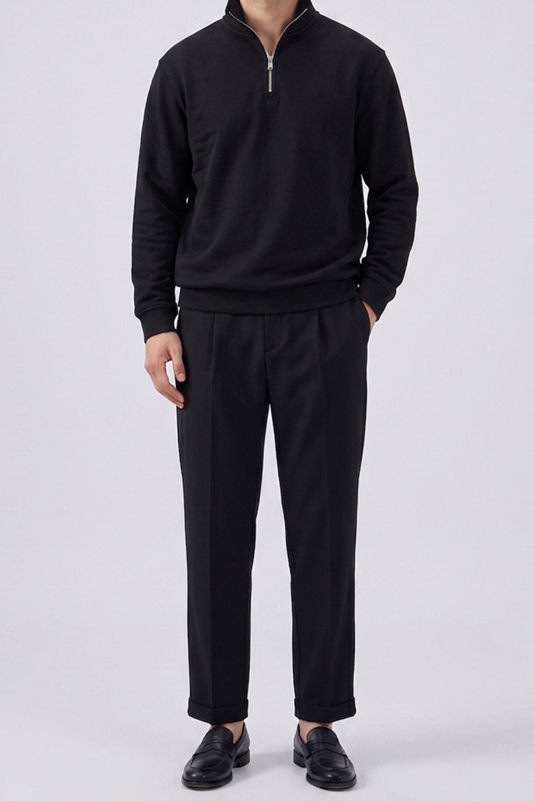 Herensweatshirt met kwartrits, katoenmix, trechterhals.