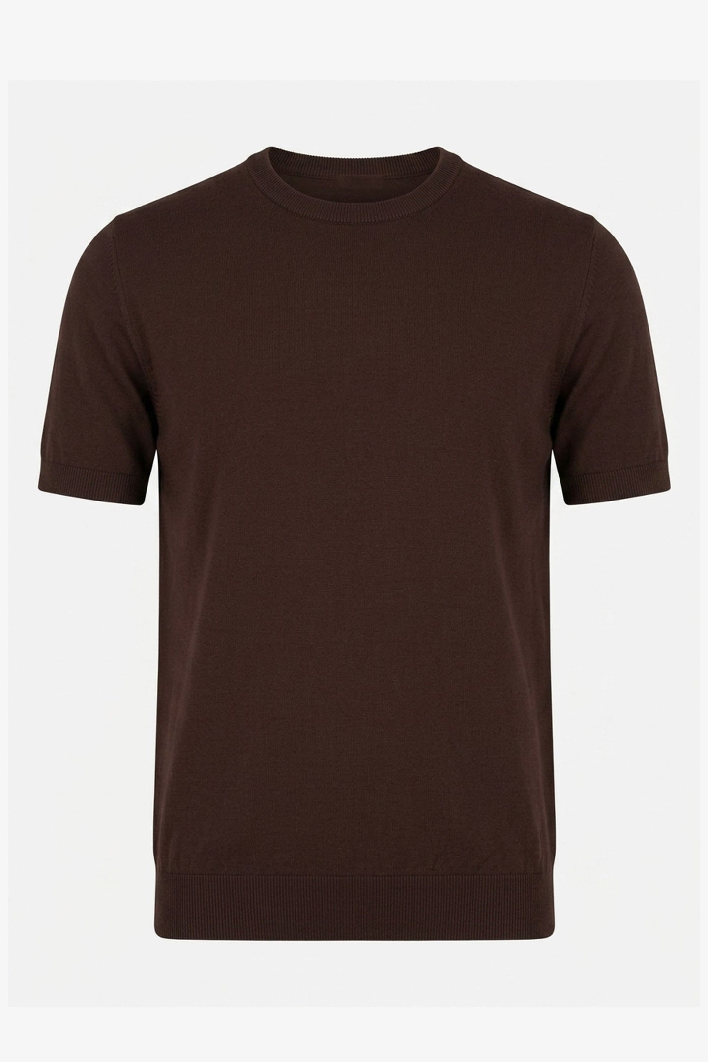 Bruin gebreid T-shirt voor heren, normale pasvorm, ronde hals, korte mouwen.