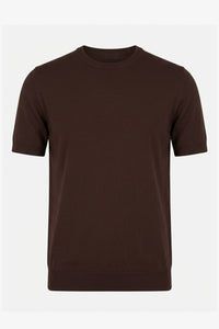 Bruin gebreid T-shirt voor heren, normale pasvorm, ronde hals, korte mouwen.