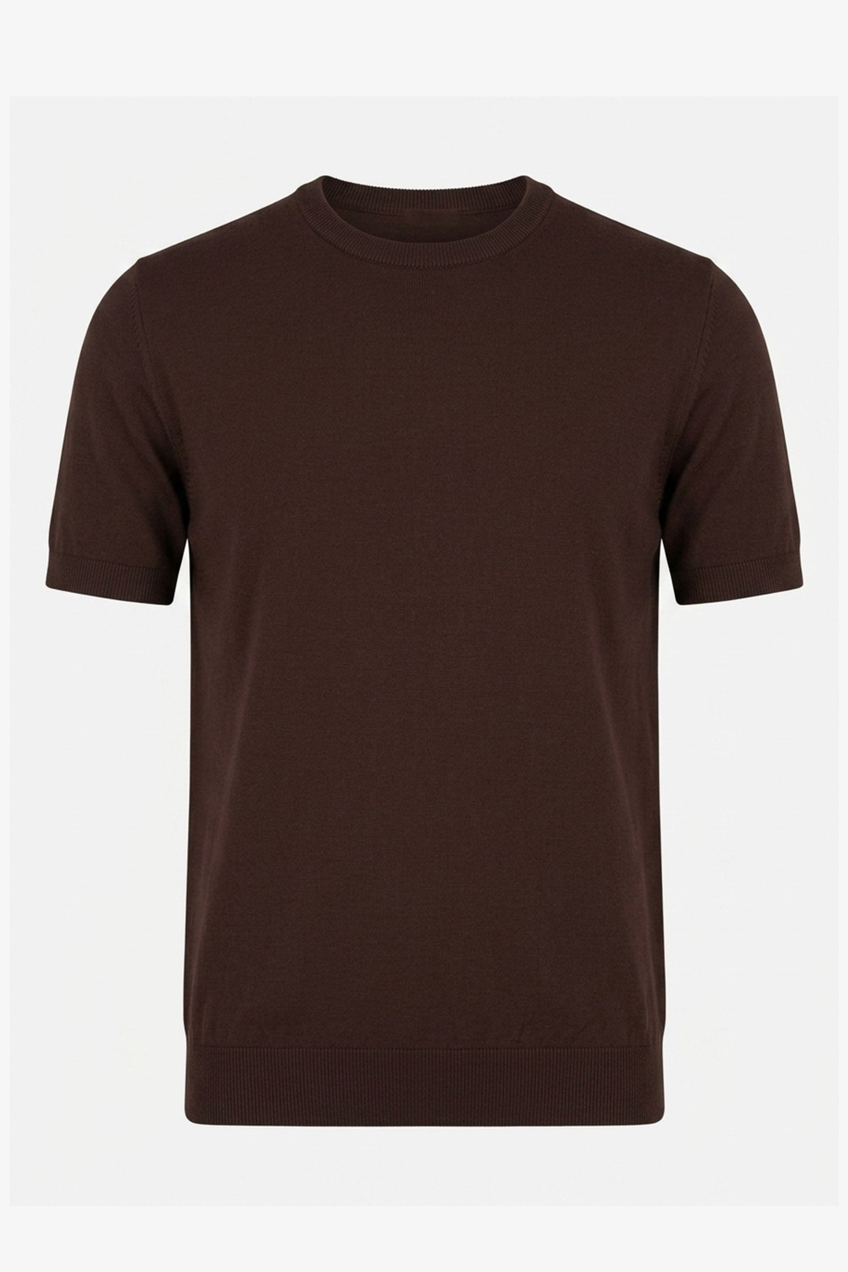 Bruin gebreid T-shirt voor heren, normale pasvorm, ronde hals, korte mouwen.