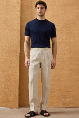 Herenset: bruin linnen jack met rits en beige broek, smart casual zomeroutfit