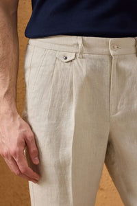Herenset: bruin linnen jack met rits en beige broek, smart casual zomeroutfit