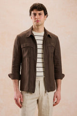Herenset: bruin linnen jack met rits en beige broek, smart casual zomeroutfit